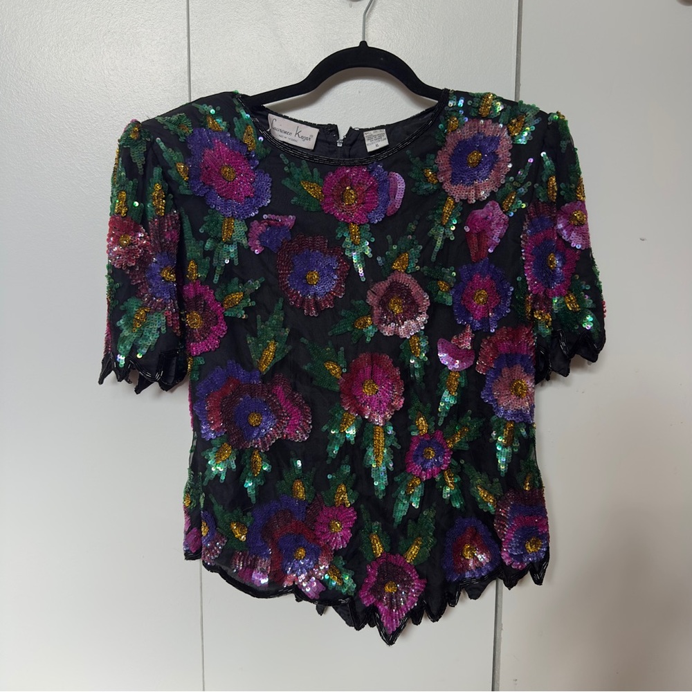 Laurence Kazar NY hand beaded sequin top black floral vintage statement piece